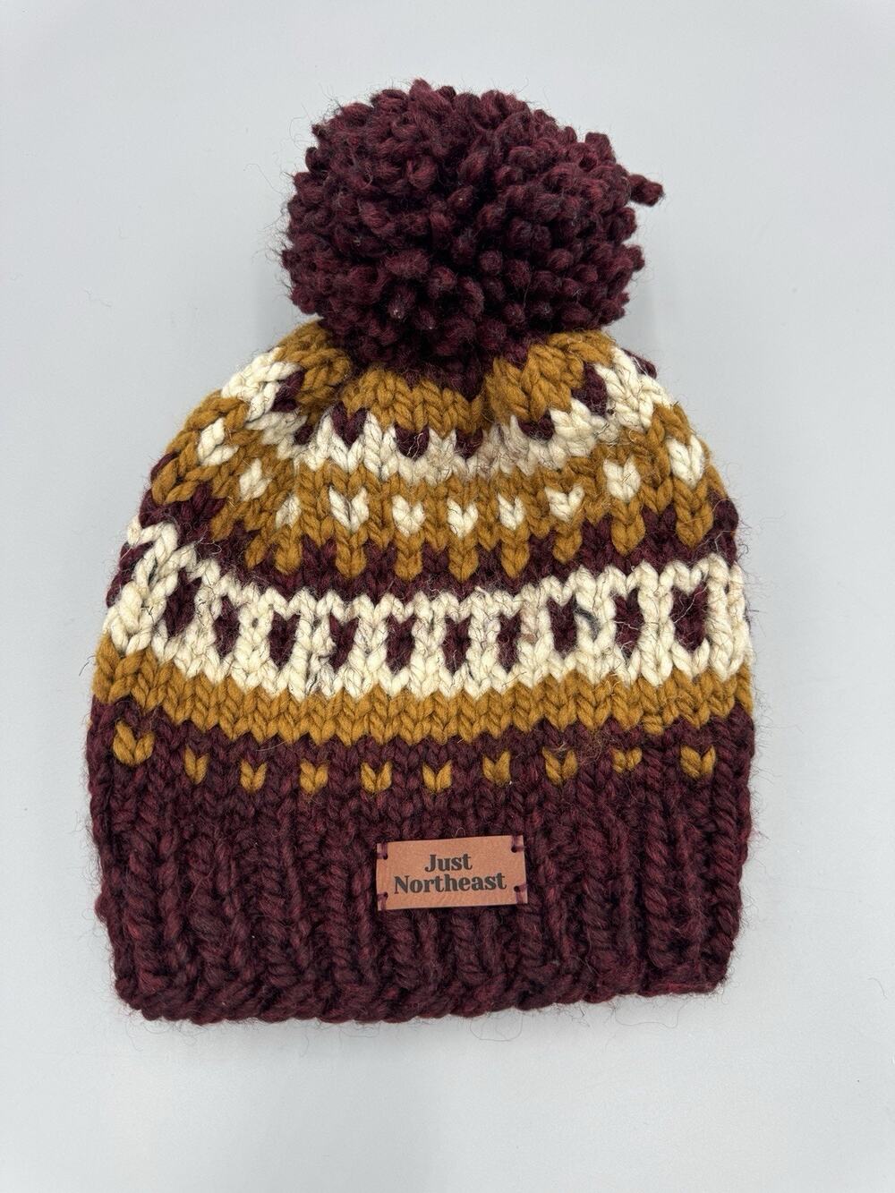 Just Northeast Fair Isle Knit Beanie Hat W/ Pom Pom Brown